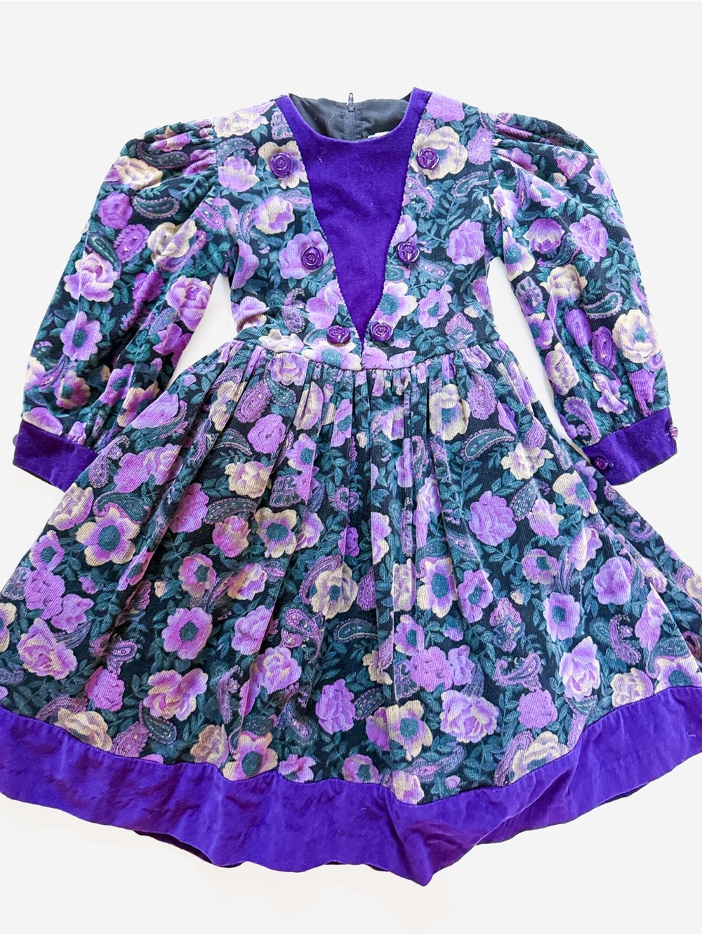 Vintage Chateau de Reves Purple Floral Corduroy Dress Size 5
